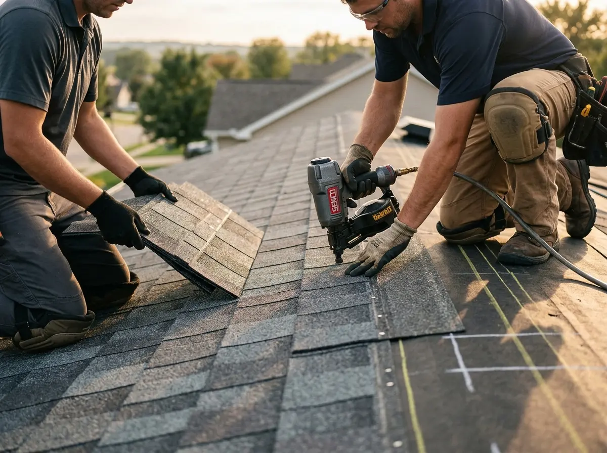 Professional roofer working on a residential roof in Matteson